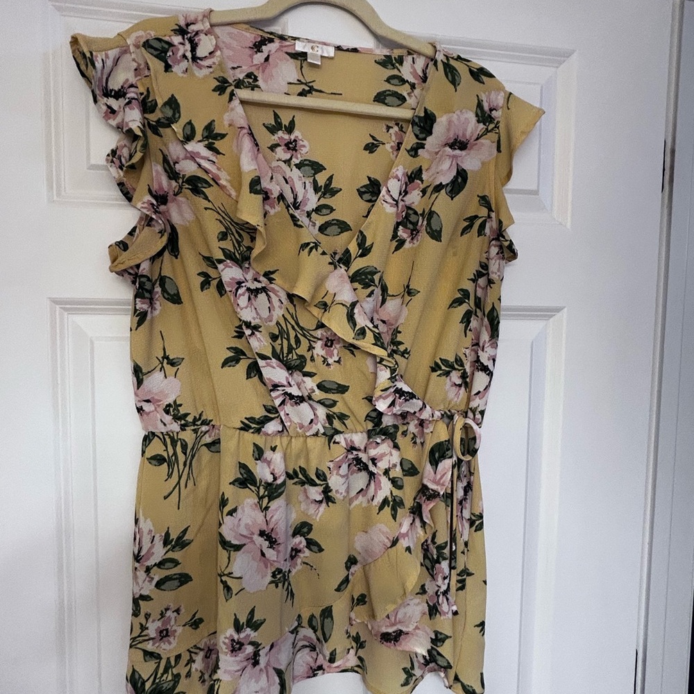 Charming Charlie Yellow Floral Ruffle Blouse